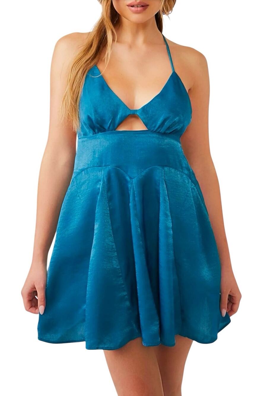 NWT Free People Good Catch Racerback Satin Slip Dress Size Medium Blue Babydoll